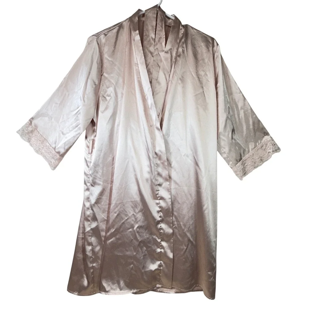 Ekouaer Womens Pink Satin Robe & Nightgown Set Lace‎ Trim Lingerie Size S